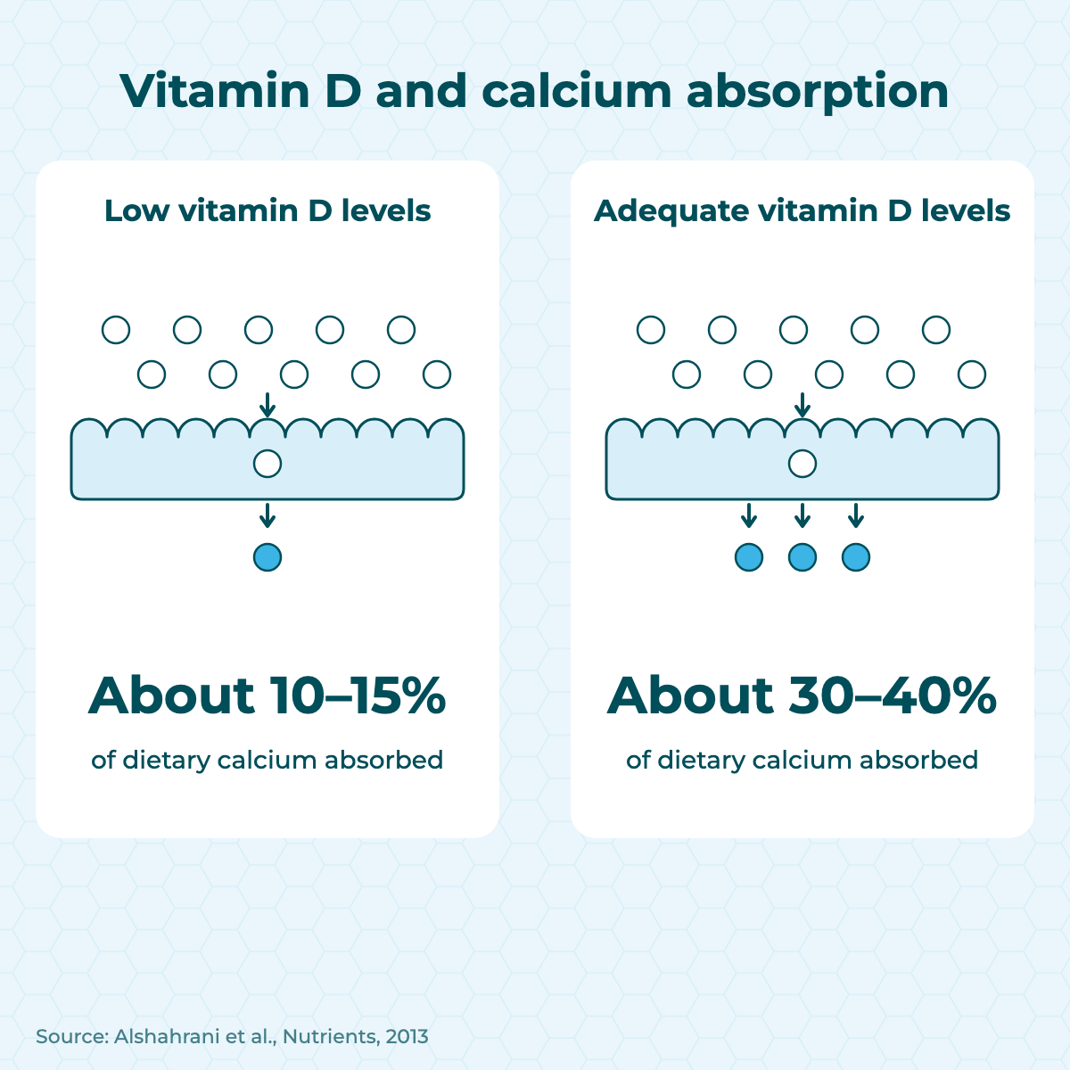 Diagram of two small intestine wall sections: on the left with insufficient vitamin D, only a few calcium particles cross the intestinal wall (about 10–15%); on the right with adequate vitamin D, significantly more calcium particles pass through (about 30–40%).