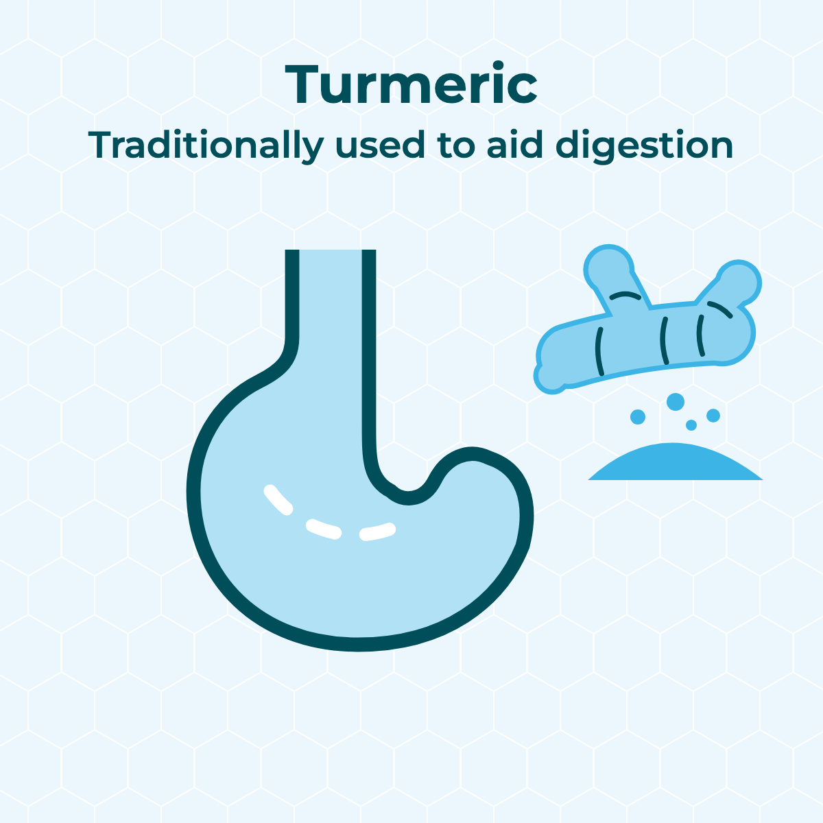 Illustration: an outline of the stomach with a turmeric root beside it
