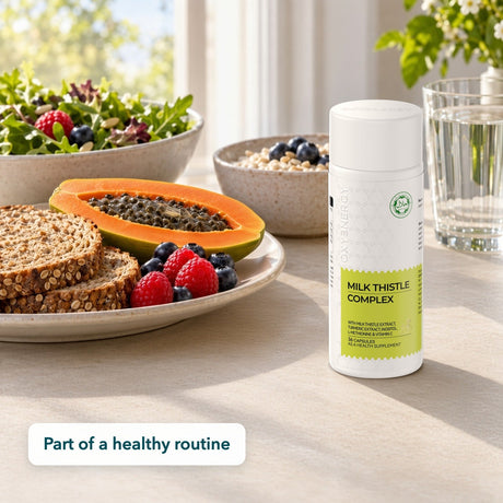 OXYENERGY Milk Thistle Complex on a breakfast table
