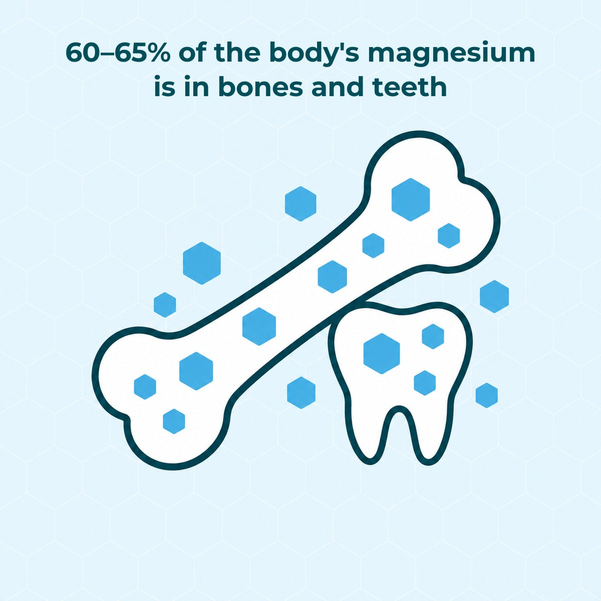60–65% of the body's magnesium is in bones and teeth: a bone and a tooth, with small particles representing magnesium on and around them